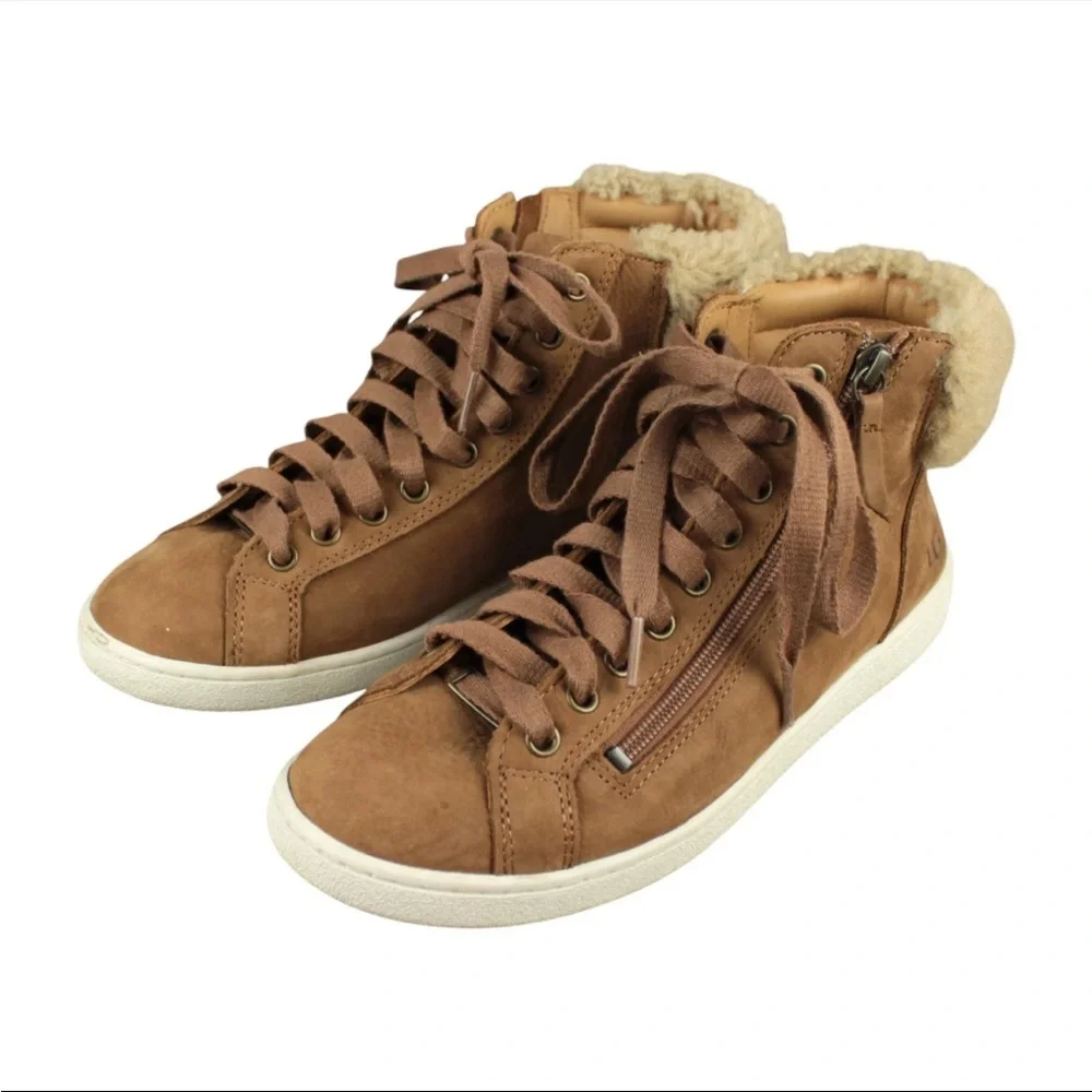 UGG Brown Leather High Top Lace Up Zipper Boots 1019716 Womens SIze US 9.5